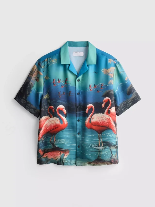Cămașă cu mâneci scurte și nasturi, cu imprimeu de flamingo Cămașă cu mâneci scurte și nasturi, cu imprimeu de flamingo