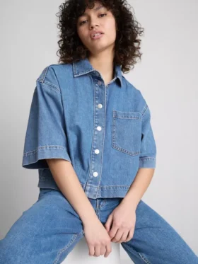 Cămașă scurtă, dreptă, din denim de bumbac
