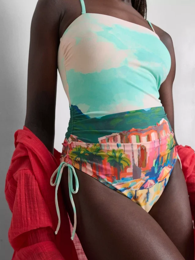 Costum de baie cu volane și imprimeu pitoresc Costum de baie cu volane și imprimeu pitoresc