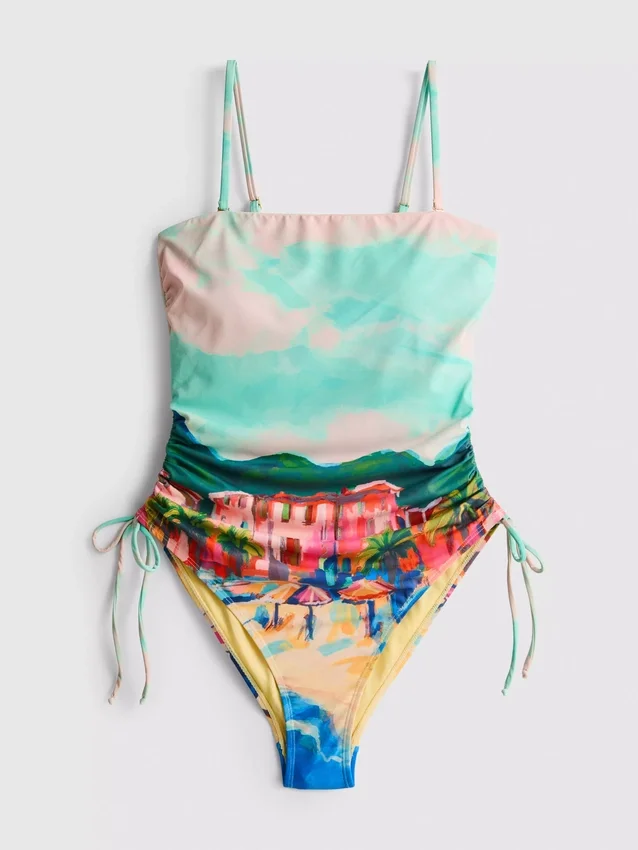 Costum de baie cu volane și imprimeu pitoresc Costum de baie cu volane și imprimeu pitoresc