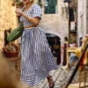 Fustă maxi din bumbac, în linie A, cu dungi Fustă maxi din bumbac, în linie A, cu dungi