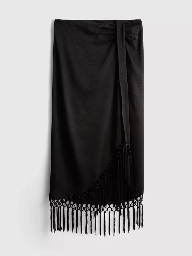 Fustă midi din satin cu franjuri Fustă midi din satin cu franjuri