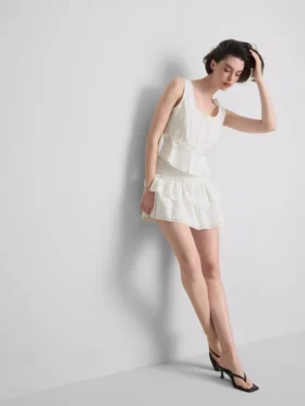 Fustă mini din bumbac, cu straturi și broderie