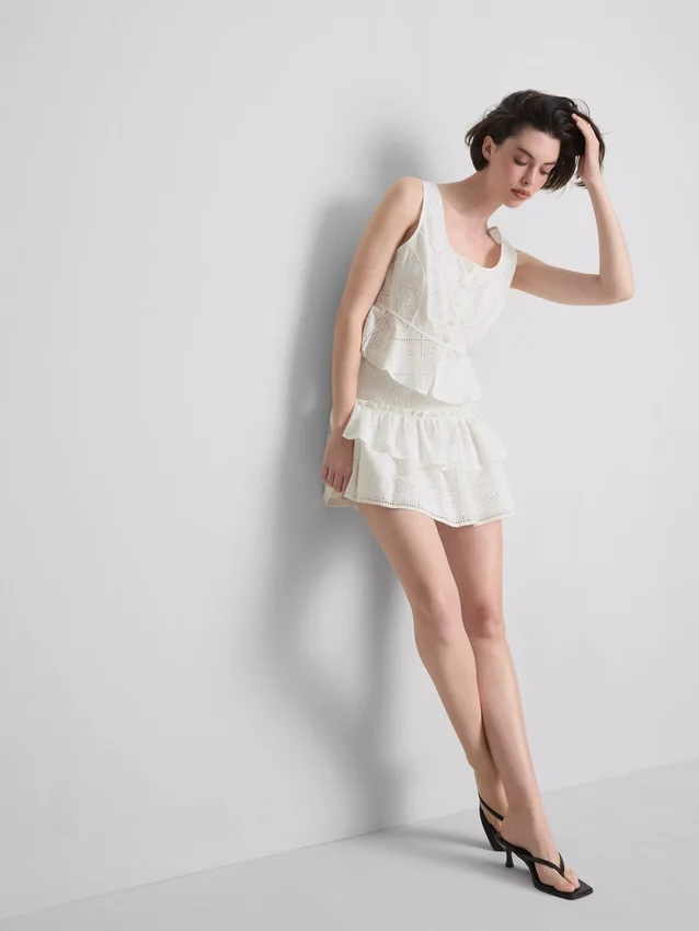 Fustă mini din bumbac, cu straturi și broderie Fustă mini din bumbac, cu straturi și broderie