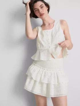 Fustă mini din bumbac, cu straturi și broderie