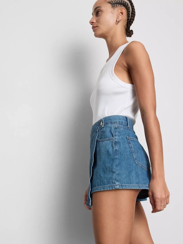 Fustă-pantalon asimetrică din denim de bumbac Fustă-pantalon asimetrică din denim de bumbac
