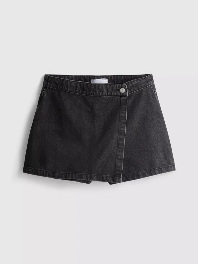 Fustă-pantalon din denim de bumbac cu talie înaltă Fustă-pantalon din denim de bumbac cu talie înaltă