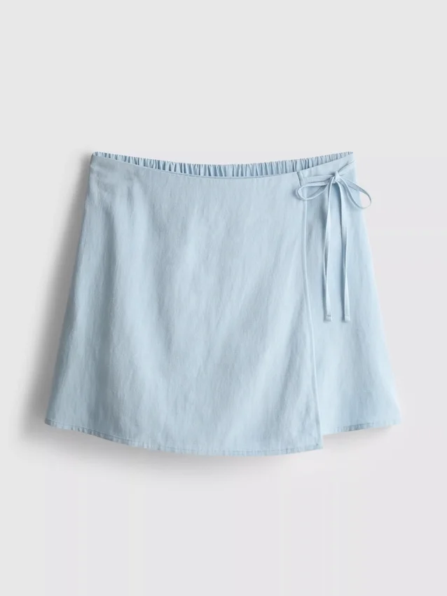 Fustă-pantalon mini din amestec de in, cu legături laterale Fustă-pantalon mini din amestec de in, cu legături laterale