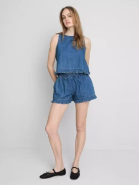 Maieu scurt din denim de bumbac cu volane