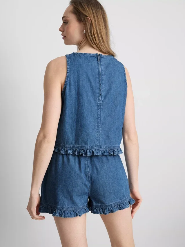 Maieu scurt din denim de bumbac cu volane Maieu scurt din denim de bumbac cu volane