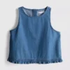 Maieu scurt din denim de bumbac cu volane Maieu scurt din denim de bumbac cu volane