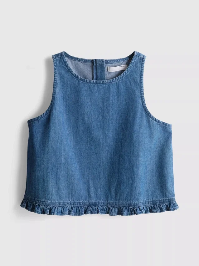 Maieu scurt din denim de bumbac cu volane Maieu scurt din denim de bumbac cu volane