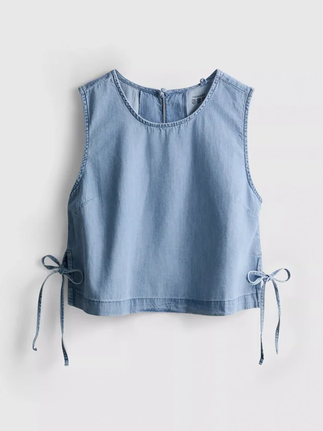 Maiou din denim de bumbac cu legături laterale Maiou din denim de bumbac cu legături laterale