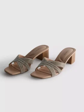 Mule cu pantofi cu toc gros și curele încrucișate, cu ornamente