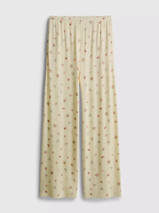 Pantaloni de Pijama cu nervuri și imprimeu floral Pantaloni de Pijama cu nervuri și imprimeu floral