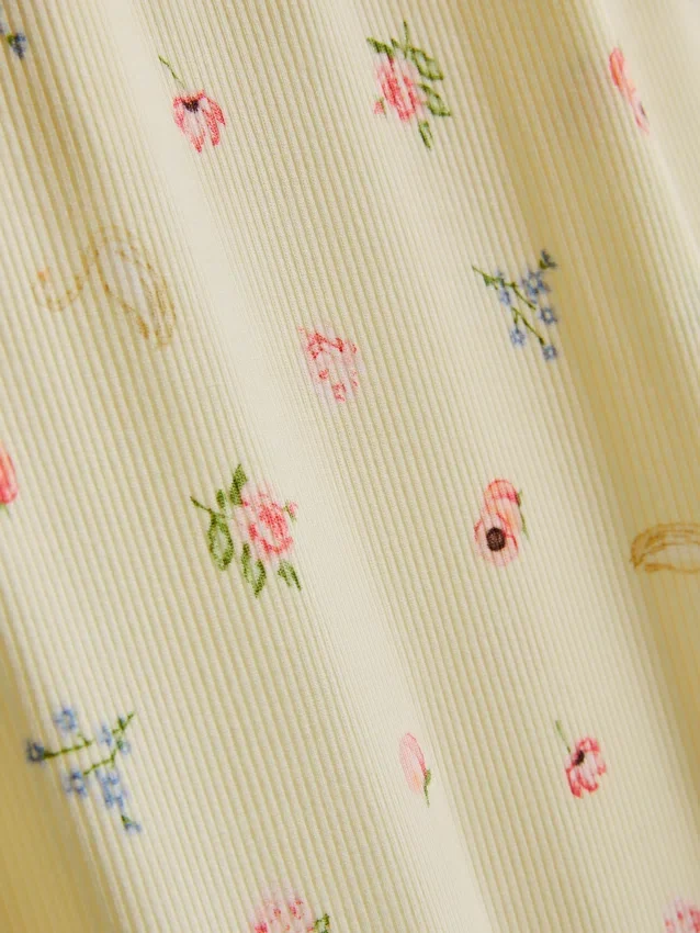 Pantaloni de Pijama cu nervuri și imprimeu floral Pantaloni de Pijama cu nervuri și imprimeu floral