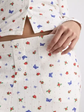 Pantaloni de pijama cu nervuri și imprimeu fluture