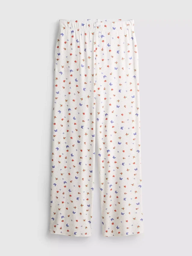 Pantaloni de pijama cu nervuri și imprimeu fluture Pantaloni de pijama cu nervuri și imprimeu fluture