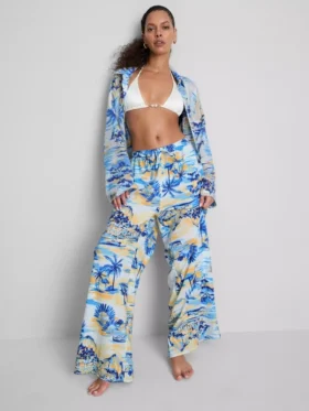 Pantaloni de plajă cu croi larg, cu imprimeu