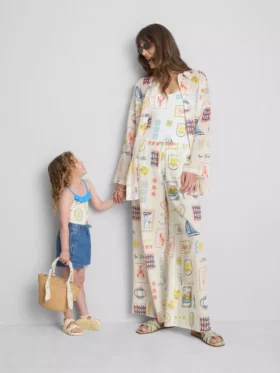 Pantaloni de plajă cu croi larg, cu imprimeu