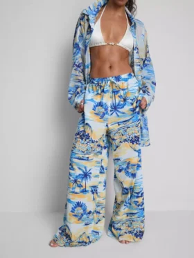 Pantaloni de plajă cu croi larg, cu imprimeu