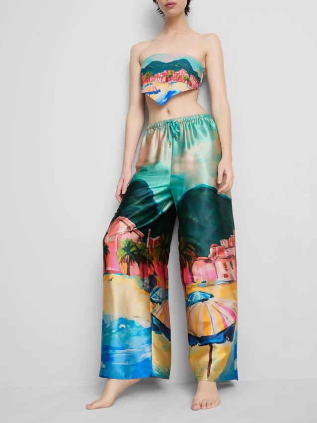 Pantaloni de plajă din satin cu imprimeu panoramic Pantaloni de plajă din satin cu imprimeu panoramic