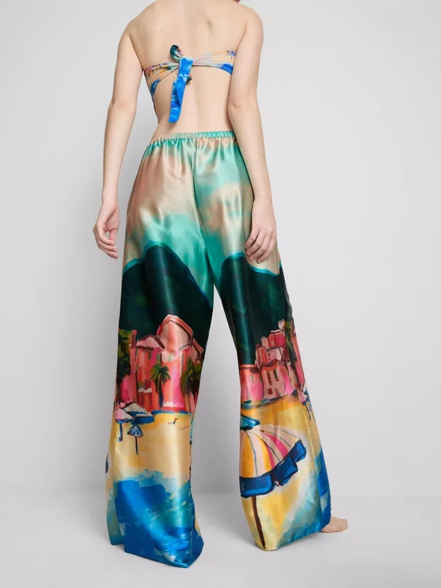Pantaloni de plajă din satin cu imprimeu panoramic Pantaloni de plajă din satin cu imprimeu panoramic
