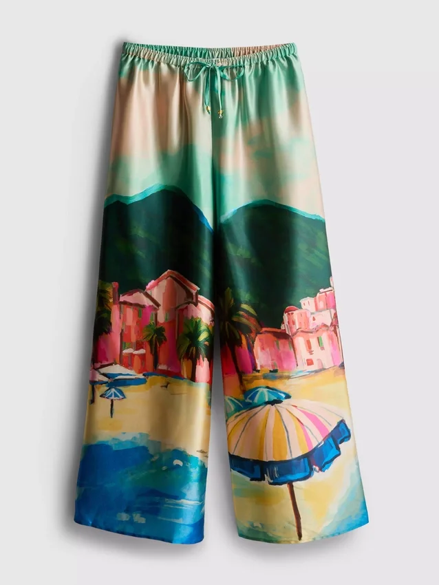 Pantaloni de plajă din satin cu imprimeu panoramic Pantaloni de plajă din satin cu imprimeu panoramic