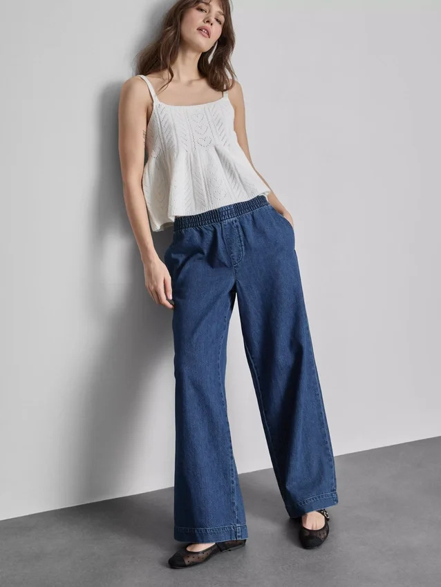 Pantaloni de trening din denim de bumbac, cu croi larg Pantaloni de trening din denim de bumbac, cu croi larg
