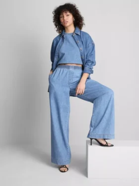 Pantaloni de trening din denim de bumbac, cu croi larg