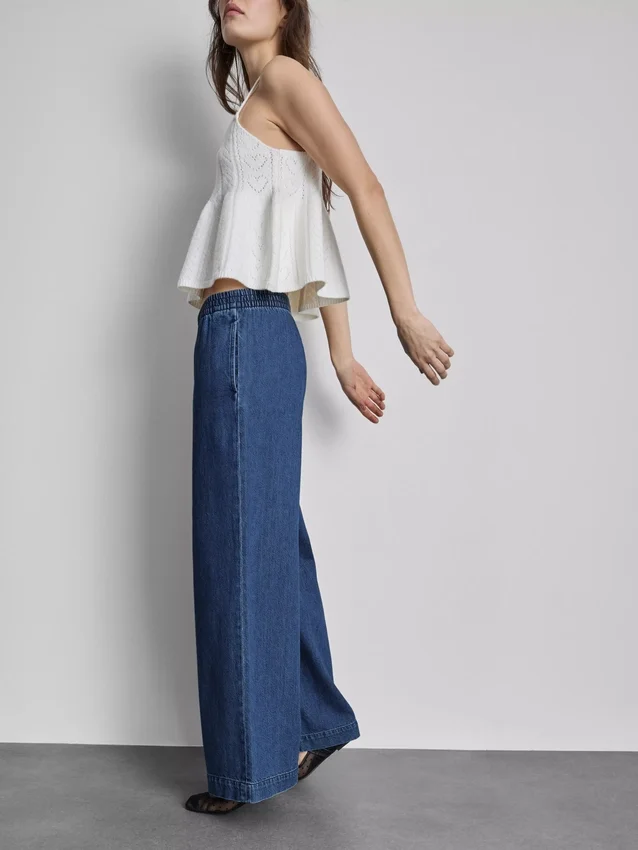 Pantaloni de trening din denim de bumbac, cu croi larg Pantaloni de trening din denim de bumbac, cu croi larg
