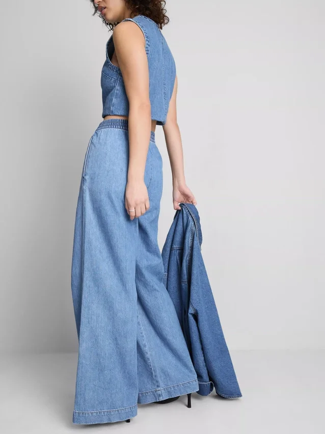 Pantaloni de trening din denim de bumbac, cu croi larg Pantaloni de trening din denim de bumbac, cu croi larg
