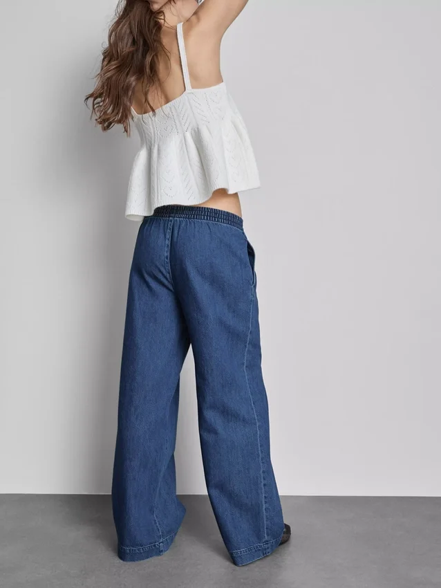 Pantaloni de trening din denim de bumbac, cu croi larg Pantaloni de trening din denim de bumbac, cu croi larg
