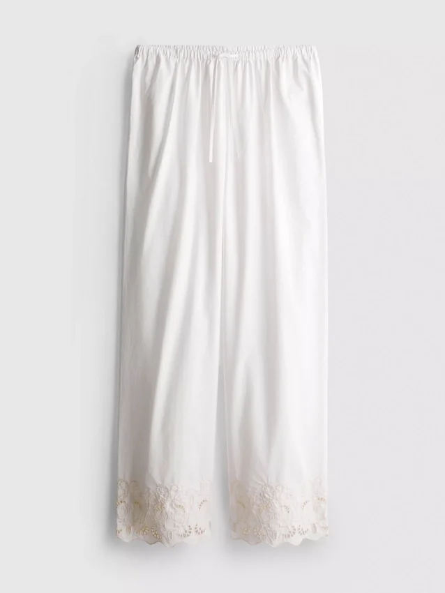 Pantaloni din bumbac cu croi larg și broderii Pantaloni din bumbac cu croi larg și broderii