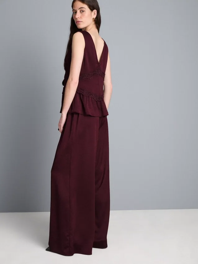 Pantaloni din satin cu croi drept și textură Pantaloni din satin cu croi drept și textură