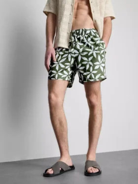 Pantaloni scurți de baie cu imprimeu floral și cordon de strângere