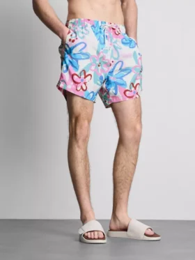 Pantaloni scurți de baie cu imprimeu floral tip graffiti