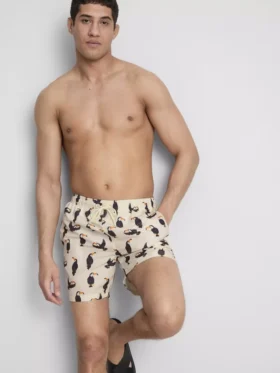 Pantaloni scurți de baie cu imprimeu Toucan și talie cu șnur Pantaloni scurți de baie cu imprimeu Toucan și talie cu șnur