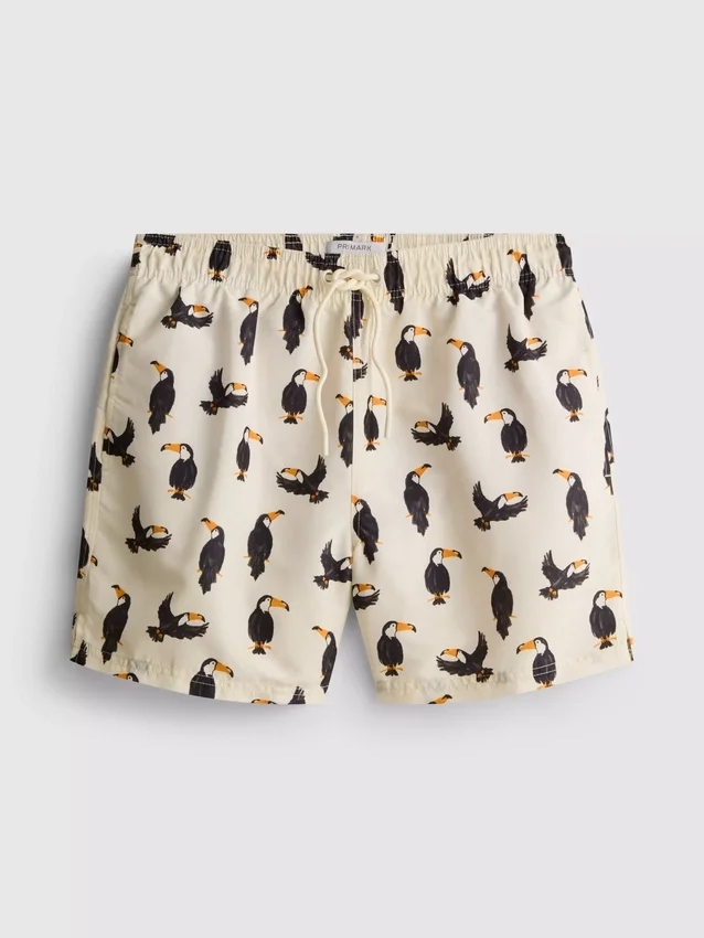 Pantaloni scurți de baie cu imprimeu Toucan și talie cu șnur Pantaloni scurți de baie cu imprimeu Toucan și talie cu șnur