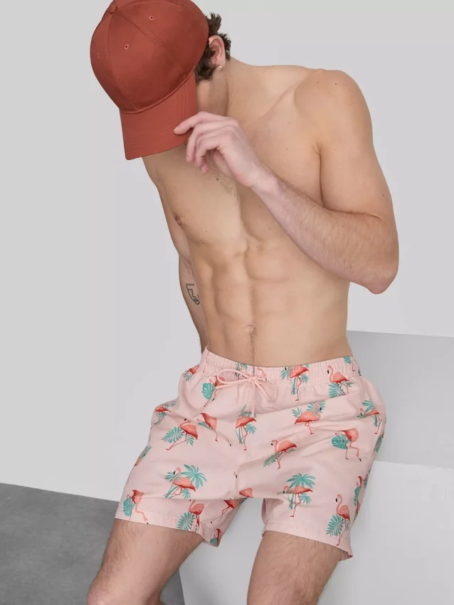 Pantaloni scurți de înot texturati cu imprimeu de flamingo Pantaloni scurți de înot texturati cu imprimeu de flamingo