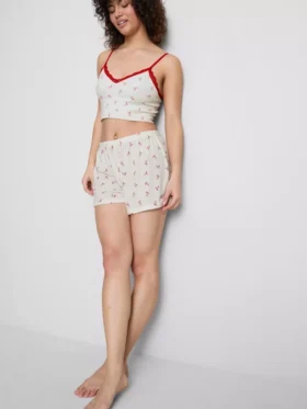 Pantaloni scurți de pijama cu imprimeu și nervuri