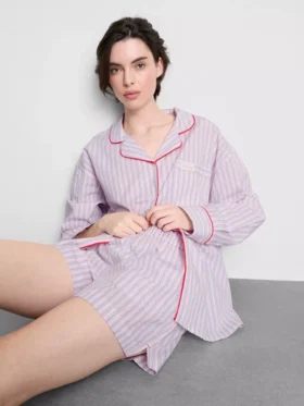 Pantaloni scurți de pijama din bumbac cu dungi, în stil „room service”