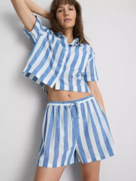 Pantaloni scurți de plajă din bumbac cu dungi, cu croială lejeră