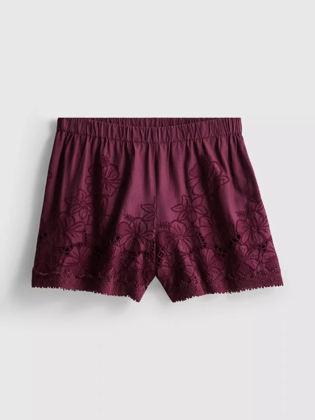 Pantaloni scurți din bumbac cu talie înaltă și broderii Pantaloni scurți din bumbac cu talie înaltă și broderii