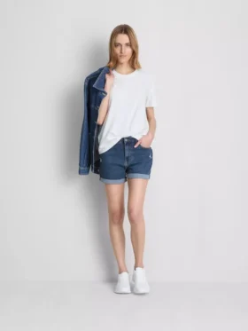 Pantaloni scurți din denim cu talie medie și tiv răsfrânt