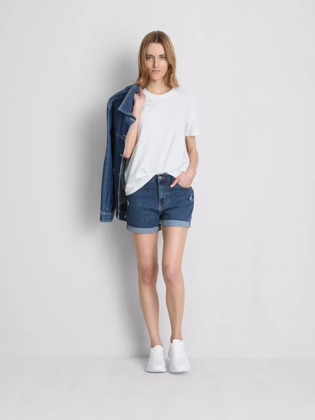 Pantaloni scurți din denim cu talie medie și tiv răsfrânt Pantaloni scurți din denim cu talie medie și tiv răsfrânt