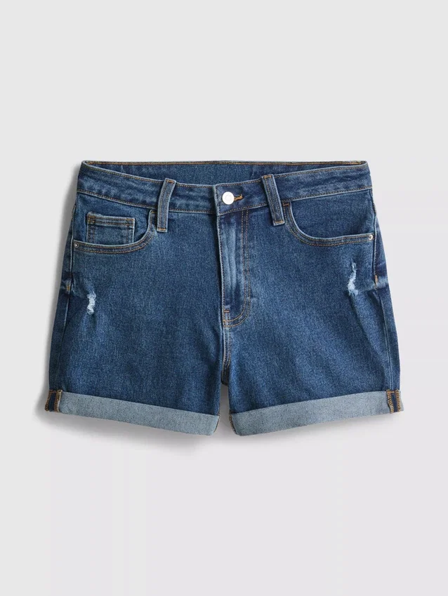 Pantaloni scurți din denim cu talie medie și tiv răsfrânt Pantaloni scurți din denim cu talie medie și tiv răsfrânt