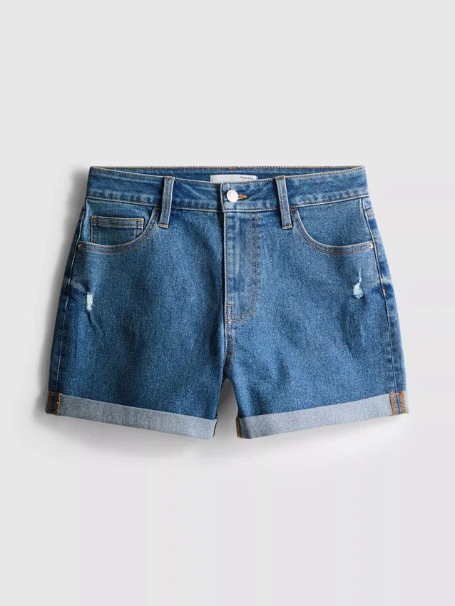 Pantaloni scurți din denim cu talie medie și tiv răsfrânt Pantaloni scurți din denim cu talie medie și tiv răsfrânt