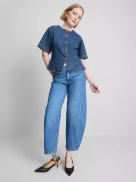 Pantaloni Scurți din denim de bumbac cu mâneci scurte strânse la talie