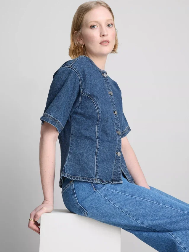 Pantaloni Scurți din denim de bumbac cu mâneci scurte strânse la talie Pantaloni Scurți din denim de bumbac cu mâneci scurte strânse la talie